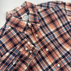 Brooks‎ Brothers Men's Large Orange and Blue Plaid Slim Fit Button Down Shirt
